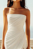Ruched Strapless Chiffon Ivory Beach Engagement Dress with Slit