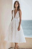 Lace Deep V-Neck Ivory Midi Engagement Dress