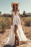 Ivory A Line V Neck Lace Engagement Dress