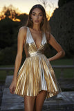 Metallic Gold Short A-Line Cocktail Dress with Pleats