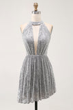 Sparkly Silver A-Line Cut Out Short Cocktail Dress