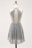 Sparkly Silver A-Line Cut Out Short Cocktail Dress