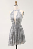 Sparkly Silver A-Line Cut Out Short Cocktail Dress