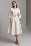 A Line Round Neck Midi Ivory Work Dress with Belt