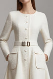 A Line Round Neck Midi Ivory Work Dress with Belt