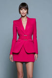 2 Piece Fuchsia Peak Lapel Short Pencil Business Suits with Belt