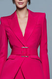 2 Piece Fuchsia Peak Lapel Short Pencil Business Suits with Belt