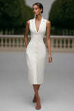 Ivory Crepe Peak Lapel Bodycon Work Dress
