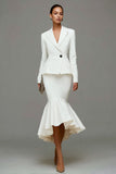 Mermaid Ivory Peak Lapel Midi Work Dress