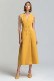 A Line Yellow V Neck Midi Work Dress