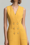 A Line Yellow V Neck Midi Work Dress
