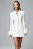 Feathers Ivory Satin Peak Lapel Bodycon Work Dress