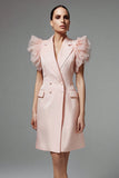Ruffled Pink A Line Peak Lapel Work Dress