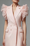 Ruffled Pink A Line Peak Lapel Work Dress