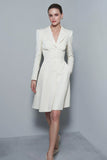 Ivory Satin Peak Lapel Midi A Line Work Dress