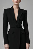 Black Satin Peak Lapel Bodycon Work Dress