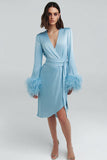 Sky Blue Feather V Neck Satin Work Dress