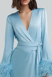 Sky Blue Feather V Neck Satin Work Dress