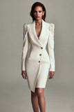 Ivory Shawl Lapel Satin Work Dress with Long Sleeves