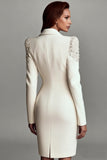 Ivory Shawl Lapel Satin Work Dress with Long Sleeves