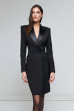 Satin Black Peak Lapel Midi Work Dress