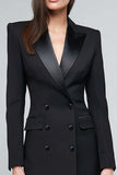 Satin Black Peak Lapel Midi Work Dress