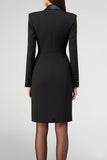 Satin Black Peak Lapel Midi Work Dress