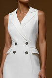 Ivory Satin Notched Lapel Midi Work Dress with Ruffles