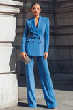 Blue 2 Piece Shawl Lapel Satin Business Suits with Sleeves