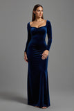 Navy Velvet Sheath Long Sleeves Formal Dress