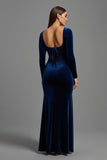 Navy Velvet Sheath Long Sleeves Formal Dress