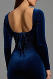 Navy Velvet Sheath Long Sleeves Formal Dress