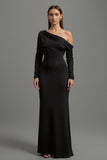 One Shoulder Black Long Sleeves Formal Dress