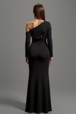 One Shoulder Black Long Sleeves Formal Dress