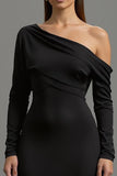 One Shoulder Black Long Sleeves Formal Dress