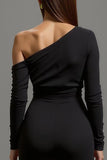 One Shoulder Black Long Sleeves Formal Dress