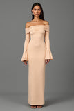 Ruffled Apricot Off the Shoulder Ruched Long Formal Dress