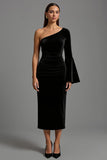 Black One Shoulder Flare Sleeve Velvet Formal Dress