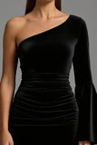 Black One Shoulder Flare Sleeve Velvet Formal Dress