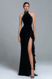 Velvet High Neck Sheath Black Formal Dress with Slit