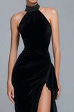 Velvet High Neck Sheath Black Formal Dress with Slit