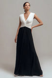 V Neck Black White Pleated A Line Formal Dress