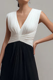 V Neck Black White Pleated A Line Formal Dress