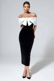 Black White Off The Shoulder Bodycon Formal Dress with Bow