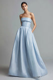 Strapless Sky Blue A Line Satin Formal Dress