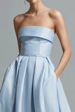 Strapless Sky Blue A Line Satin Formal Dress