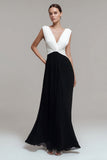 Black White V Neck Pleated Formal Dress
