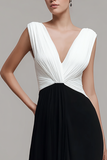 Black White V Neck Pleated Formal Dress