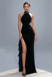 High Neck Black Sheath Hollow-out Formal Dress with Slit