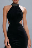 High Neck Black Sheath Hollow-out Formal Dress with Slit